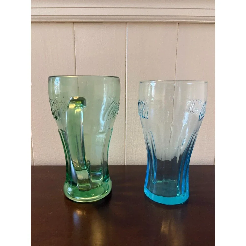 Vintage Coca Cola Libbey Glasses Set of 2 Green Handle Blue Tinted Coke